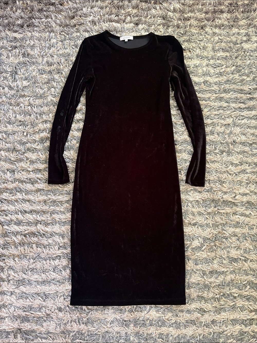 Sleek Black Velvet Long-Sleeve Midi Dress Size S New!